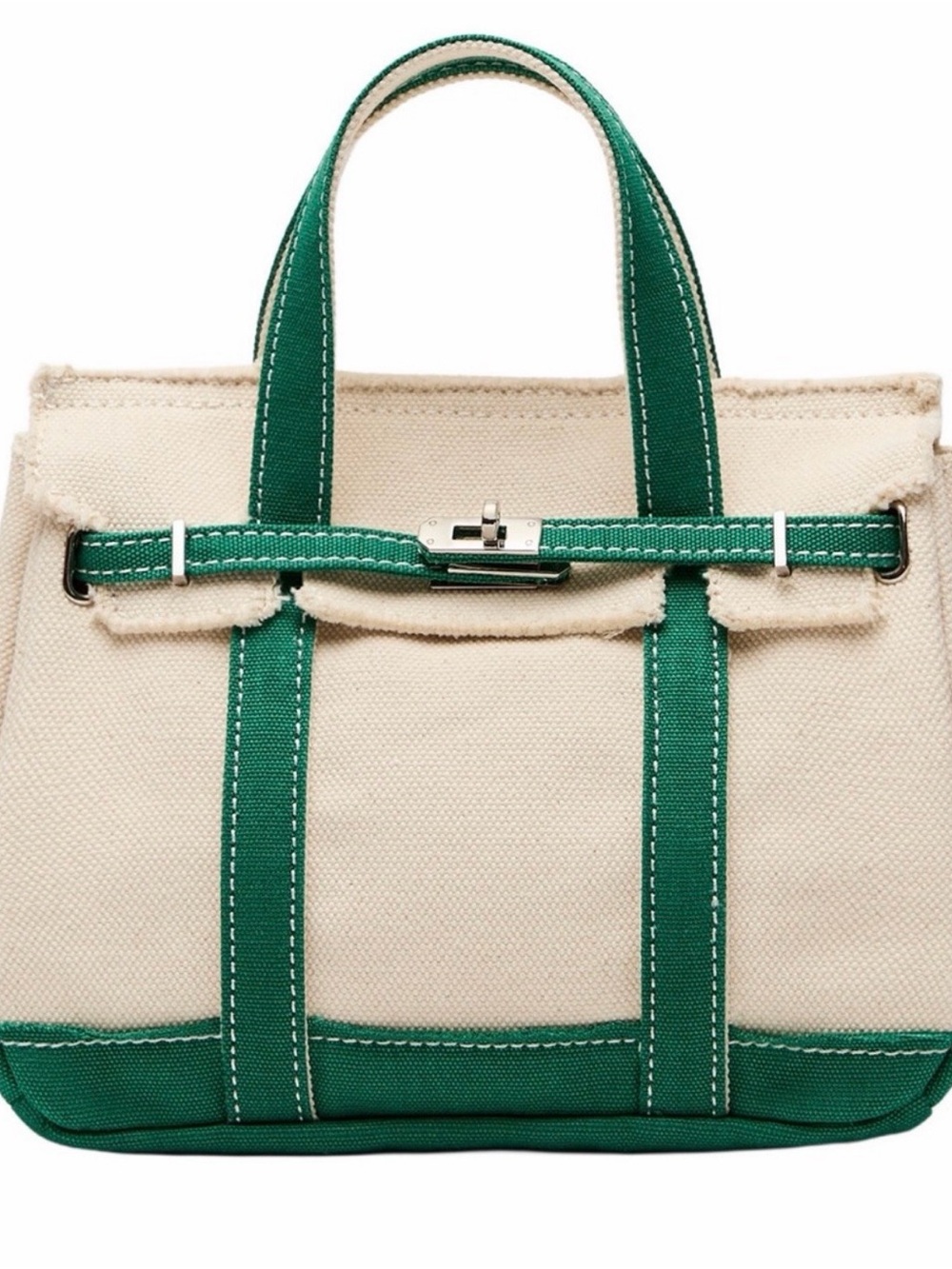 Canvas Tote with Green Trim and Leather-Style Hardware
